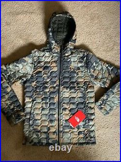 NEW North Face Mens THERMOBALL HOODIE Jacket Small New Taupe Green Camo Print