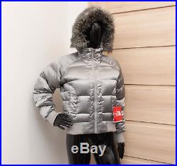 New THE NORTH FACE Ladies Metallic Silver GOTHAM Goose Down Hooded Jacket S